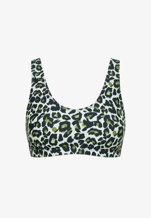 Sport-BH mit grünem und schwarzem Leopardenmuster auf weißem Hintergrund, mit breiten Trägern und rundem Ausschnitt.