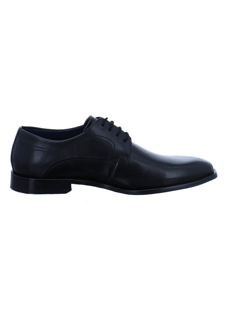 Schwarze Leder-Halbschuhe mit einem eleganten Design, runder Spitze, fünf Ösen für Schnürsenkel und einer glatten Textur mit einem leichten Absatz.