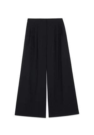 Pantalon noir à coupe large et courte, avec des plis devant et une taille ajustée, présenté sur un fond blanc.