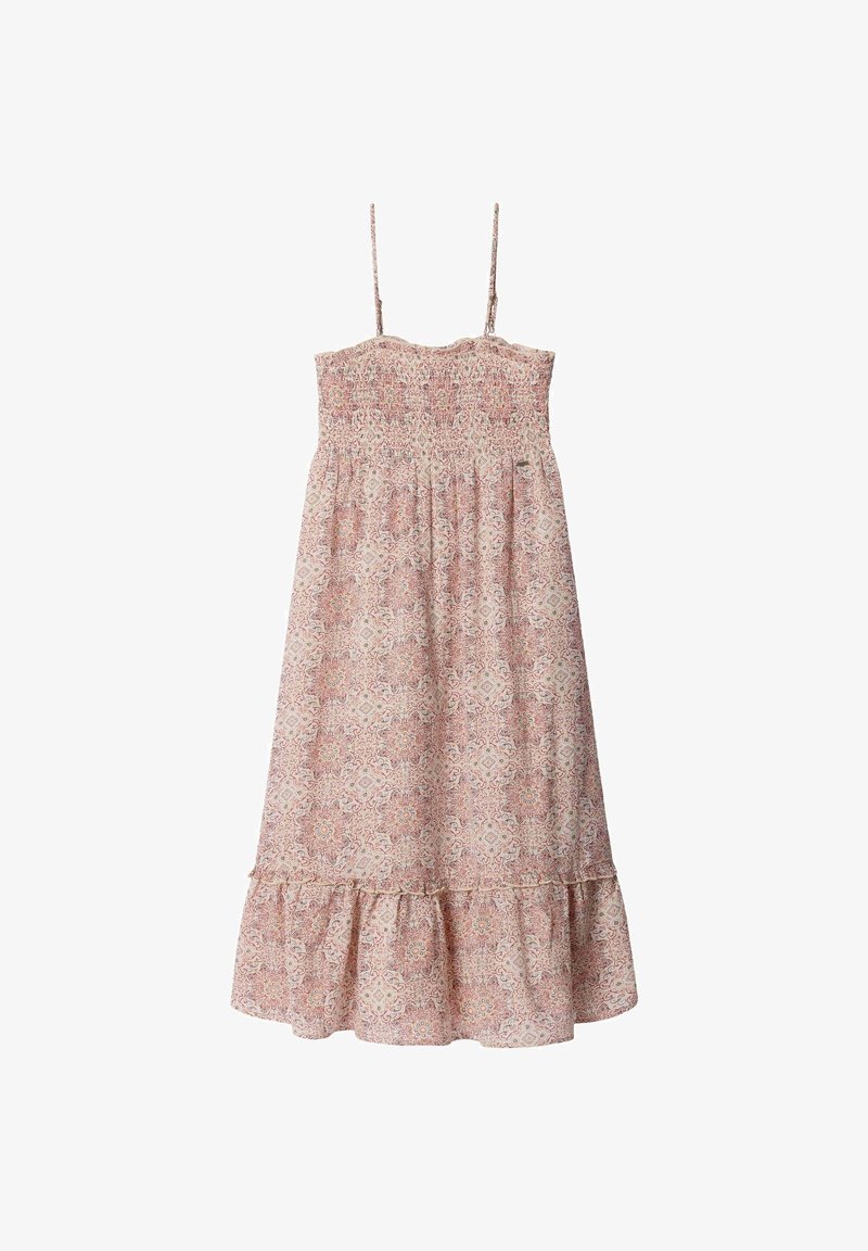 Midi šaty bez rukávov s tenkými ramienkami, naškrobeným živôtikom, volánikovým lemom a ružovým geometrickým kvetinovým vzorom na svetlej tkanine.