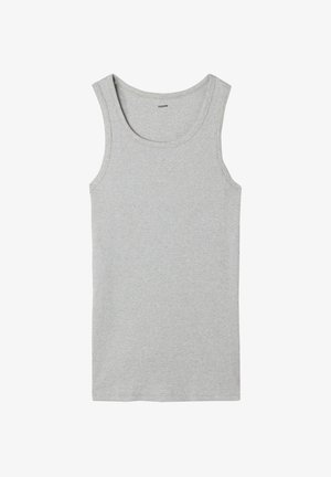 Helles graues Trägershirt aus geripptem Baumwollstoff. Verfügt über einen Rundhalsausschnitt und breite Schulterträger. Keine sichtbaren Muster oder Akzente.