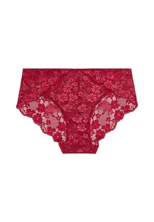 Red lace panties featuring floral patterns, a sheer texture, and a full-coverage design with scalloped edges.