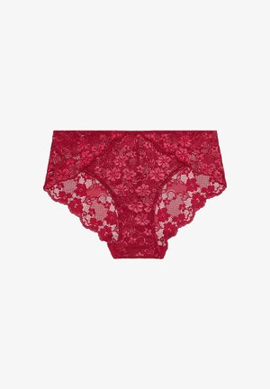 Red lace panties featuring floral patterns, a sheer texture, and a full-coverage design with scalloped edges.