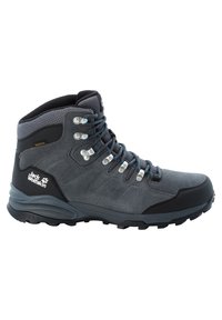 Grau-schwarzer halbhoher Wanderschuh mit blau akzentuierten Schnürsenkeln, gepolstertem Knöchelbereich, strukturierter Sohle und Jack Wolfskin-Logo an der Ferse.