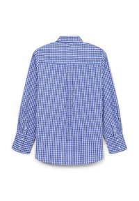 Camicia a scacchi blu e bianca, maniche lunghe, polsini con bottoni, colletto classico, spalla con dettaglio a piega, tessuto di cotone.