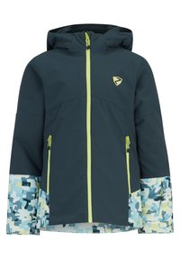 Giacca da sci blu scuro con zip e cappuccio verdi. Presenta una stampa camouflage in blu chiaro e verde sui polsini.