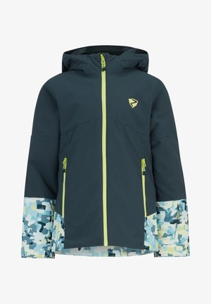 Donkerblauwe skijas met een groene rits en capuchon. Heeft een camouflagepatroon in lichtblauw en groen op de manchetten.