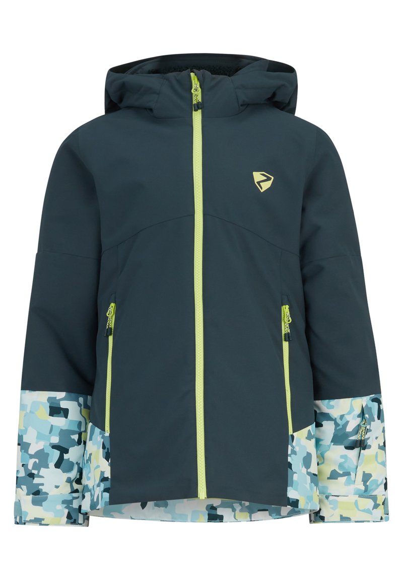 Giacca da sci blu scuro con zip e cappuccio verdi. Presenta una stampa camouflage in blu chiaro e verde sui polsini.