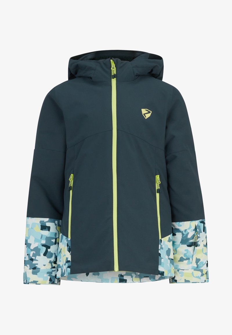 Dunkelblaues Skijacke mit grünem Reißverschluss und Kapuze. Besondere Merkmale sind ein Camouflage-Muster in Hellblau und Grün an den Ärmeln.