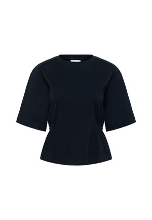 Schwarzes Baumwoll-T-Shirt mit kurzen Ärmeln, Rundhalsausschnitt und Raffung im Taillenbereich für eine leicht taillierte Form. Glatte Textur.