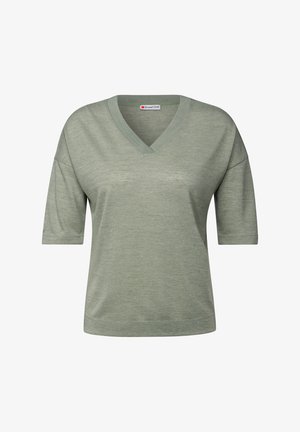 Vihreä v-pääntie t-paita, joka on valmistettu pehmeästä kankaasta, lyhyillä hihoilla ja rennolla istuvuudella. Rakeinen pinta ilman voimakkaita kuvioita.