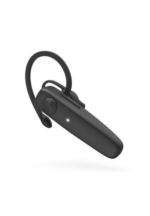 Bluetooth headset in black, featuring a curved ear hook, a button on the side, a small LED indicator, and a smooth, matte finish.