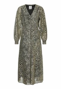 Robe longue ajustée en noir et vert olive avec imprimé léopard. Dispose d'un décolleté en V profond et de manches bouffantes, fabriquée à partir d'un tissu léger et texturé.