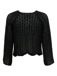 Black long-sleeve knit sweater with openwork lace pattern, round neckline, and scalloped hem.
