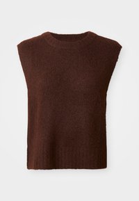 Brun uten ermene strikkegenser med rund hals, teksturert stoff og en lett cropped passform. Enkel design uten ekstra pynt.