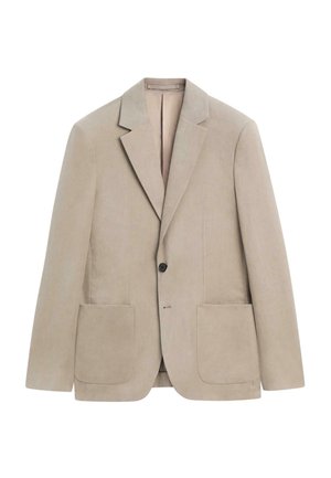 Beige blazer met één knoop, brede inkeping revers, twee voorzakken en lange mouwen.