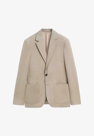 Beige blazer met één knoop, brede inkeping revers, twee voorzakken en lange mouwen.