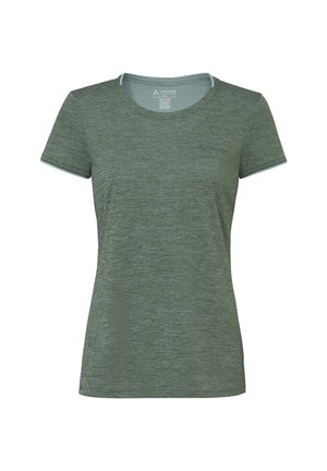 T-shirt vert uni à manches courtes avec col rond, texture subtile chinée et petit logo sur la poitrine gauche.