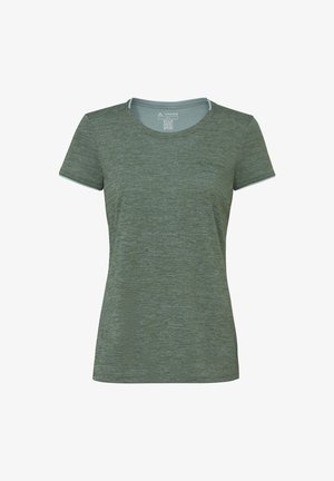 T-shirt vert uni à manches courtes avec col rond, texture subtile chinée et petit logo sur la poitrine gauche.