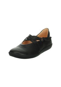 Schwarze Leder-Ballerinas mit spitzem Zehenbereich, Kreuzschnallen über dem Rist und einer flexiblen Gummisohle für Komfort.