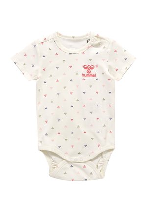 Kortærmet babybodystocking i creme med et flerfarvet geometrisk mønster. Har trykknaplukninger og et trykt logo i rød på fronten.