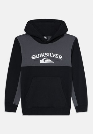 Black and dark gray Quiksilver hoodie with front kangaroo pocket, hood, and white logo text and graphic on chest.