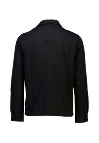 Veste noire à manches longues avec poignets et col, vue de dos sur fond blanc.