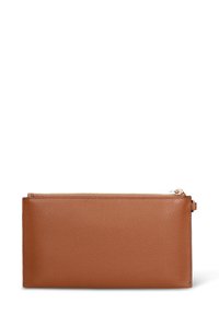 Brown leather clutch with a textured finish, rectangular shape, gold zipper closure, and a small loop for a wrist strap.