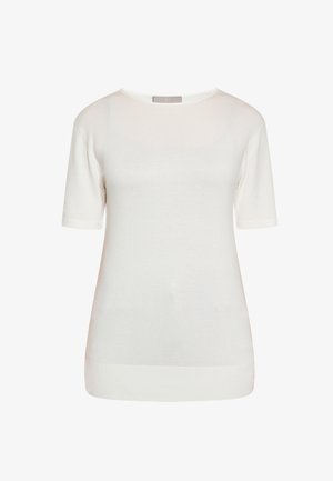 Weißes Kurzarmshirt aus weichem Strickstoff. Hat einen runden Ausschnitt und einen geraden Saum ohne zusätzliche Muster oder Akzente.