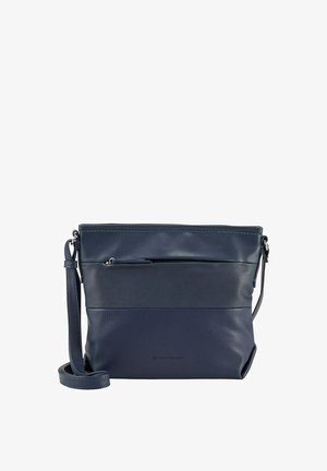 Navy leather crossbody bag with a smooth top section and textured lower section. Features a front zip pocket and adjustable strap.
