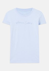 Lichtblauw t-shirt met korte mouwen van katoen, voorzien van een ronde halslijn en geborduurd "Armani Exchange" logo in cursief.