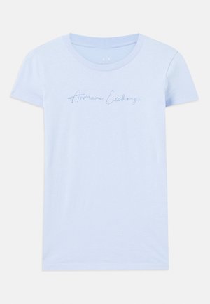 Light blue short-sleeved t-shirt made of cotton, featuring a rounded neckline and embroidered "Armani Exchange" logo in cursive.