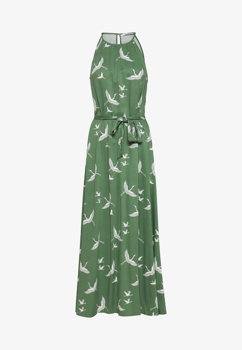 Robe maxi verte sans manches avec imprimés de grues blanches, col halter, fermeture à boutons dans le dos et ceinture à nouer en tissu à la taille.