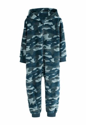 Kindergroßer Kapuzen-Einteiler mit blau-grauem Tarnmuster und Frontreißverschluss.
