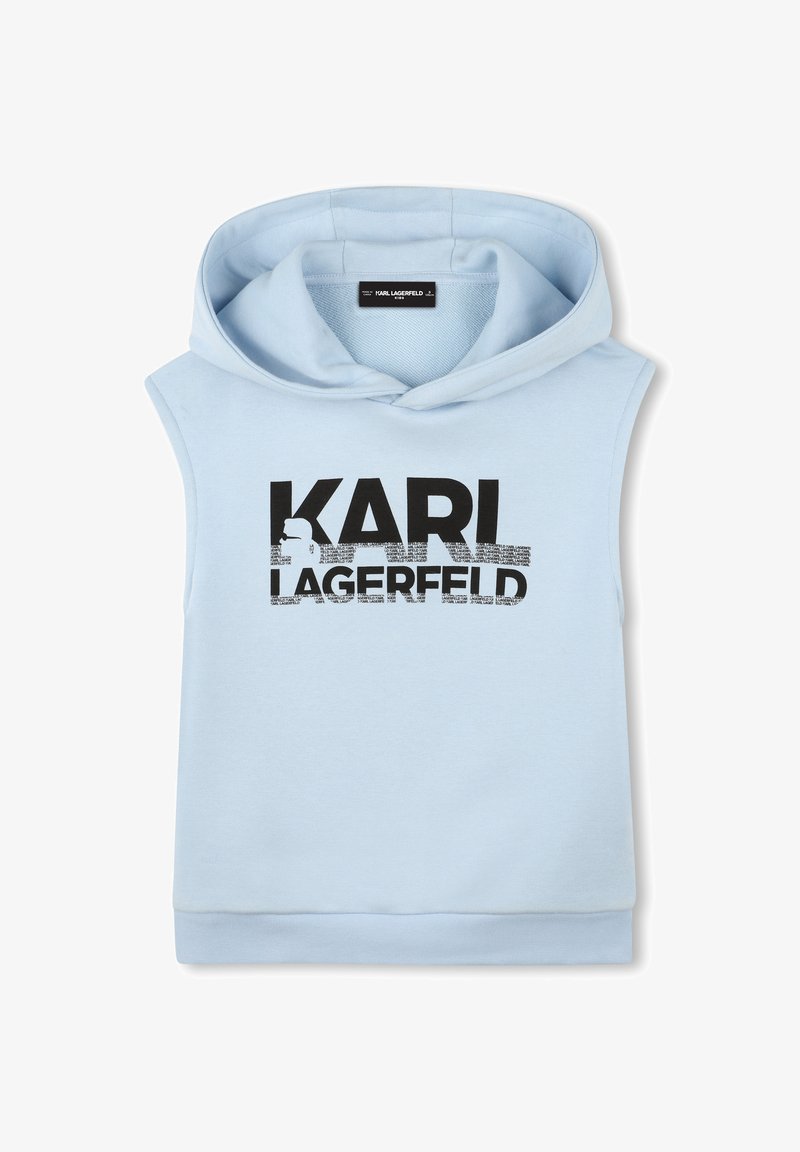 Haut sans manches bleu clair en tissu doux, avec une grande impression noire "KARL LAGERFELD" sur le devant. Capuche réglable.