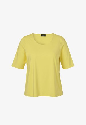 Geel shirt met korte mouwen en ronde hals, met een ontspannen pasvorm en gladde stof, met het label "VIA APPIA DOE" op de achterkraag.