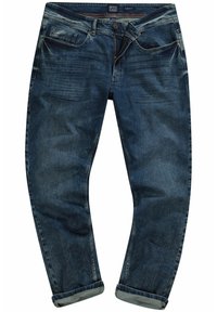 Donkerblauwe denim jeans met een relaxed fit, voorzien van een ritssluiting, vijf zakken en opgerolde pijpen. Licht vervaging en whiskering details.