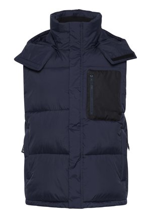 Sötétkék puffasztott mellény magas gallérral, fekete cipzáras mellkassal és oldalsó zsebekkel, könnyű, sima anyagból készült.