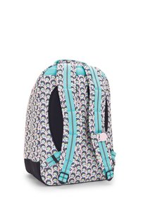 Zaino a motivo con sfondo rosa e design blu scuro a ventaglio; presenta spallacci imbottiti turchesi e pannelli laterali in rete nera.