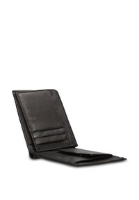 Portafoglio in pelle nera con finitura testurizzata, dotato di numerosi scomparti per carte e di un vano apribile per contanti o ricevute.