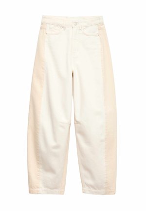 Jeans met hoge taille en rechte pijpen met een tweekleurig ontwerp: witte middendeelpanelen en beige zijpanelen, voorzakken en een knoopsluiting.