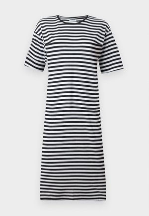 Black and white striped t-shirt dress with short sleeves, round neckline, and loose fit, made from a lightweight, smooth fabric.