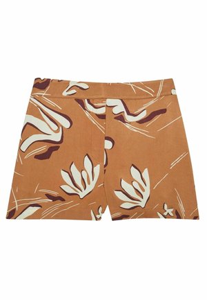 Braune Shorts mit einem Blumenmuster in Creme und Dunkelmaron. Hergestellt aus einem Stoff mit glatter Textur, im geraden Schnitt und ohne sichtbare Beschläge.