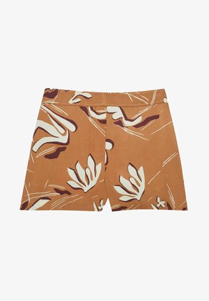 Brown shorts with a floral pattern in cream and dark maroon. Made from fabric with a smooth texture, featuring a straight cut and no visible hardware.