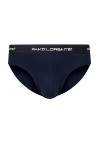 Ciemnoniebieskie bawełniane slipy z czarnym pasem z logo "PAKO LORENTE" w białym kolorze, zaprojektowane w klasycznym kroju i gładkiej fakturze.