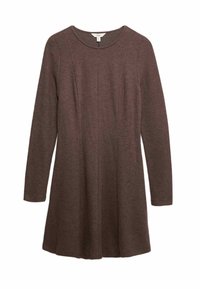 Brąsziwa sukienka z długim rękawem wykonana z miękkiego dzianiny, z okrągłym dekoltem i rozkloszowanym dołem z pionowymi szwami dla dodatkowego designu.