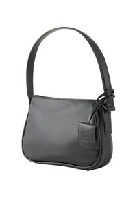 Schwarze synthetische Schultertasche mit glatter Textur, verstellbarem Riemen und einer kleinen Außentasche. Verfügt über dezentes Branding und eine abgerundete Form.