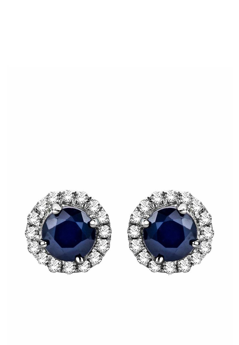 Marinblå ädelstensörhängen i klämfäste omgivna av en halo av små klara diamanter. Metallinställningarna är detaljerade med polerade accenter.
