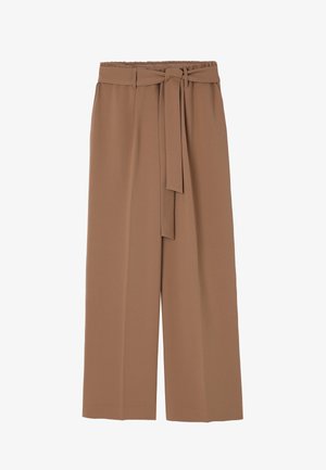 Rjave široke hlače z zavezanim pasom, ki imajo gladko teksturo in sproščen kroj. Izdelane iz lahkega materiala.