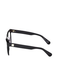 Mustat asetaattilasit, joissa on neliömäinen kehys, litteät templet ja kultaiset yksityiskohdat varsissa. Siisti muotoilu, jossa on kiiltävä pinta.